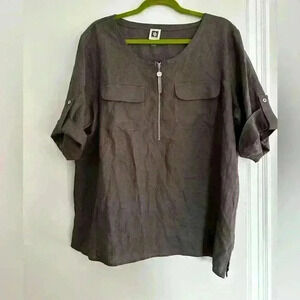 Women’s Grey Linen Blend Flat Front Pocket, Zipper Tassle Blouse. Ann Klein XL.